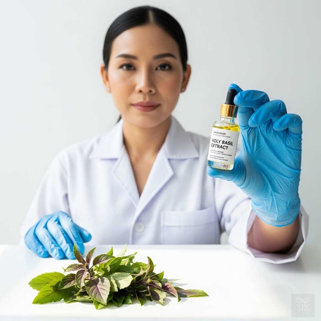 นักวิจัยสาวไทยถือขวดสารสกัดกะเพรา