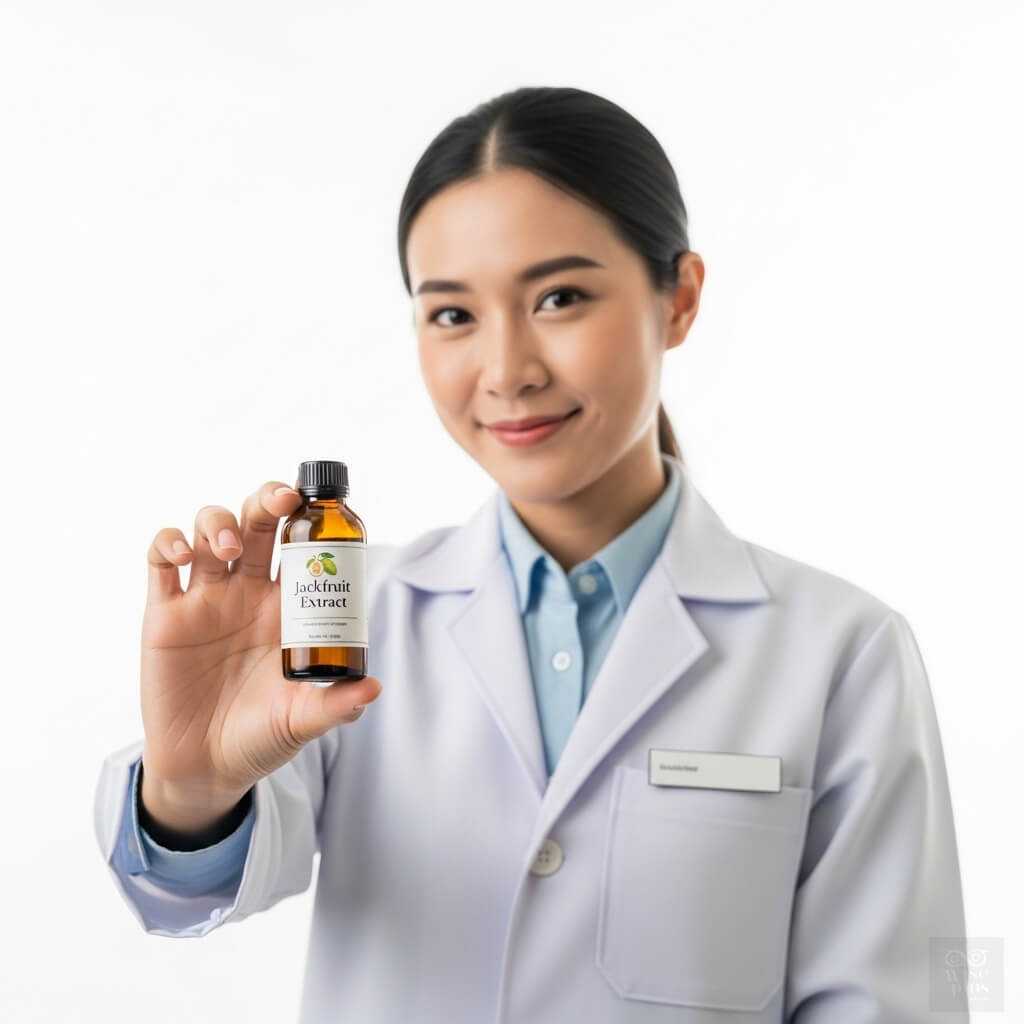 นักวิจัยสาวไทยถือขวดสารสกัดลูกขนุน