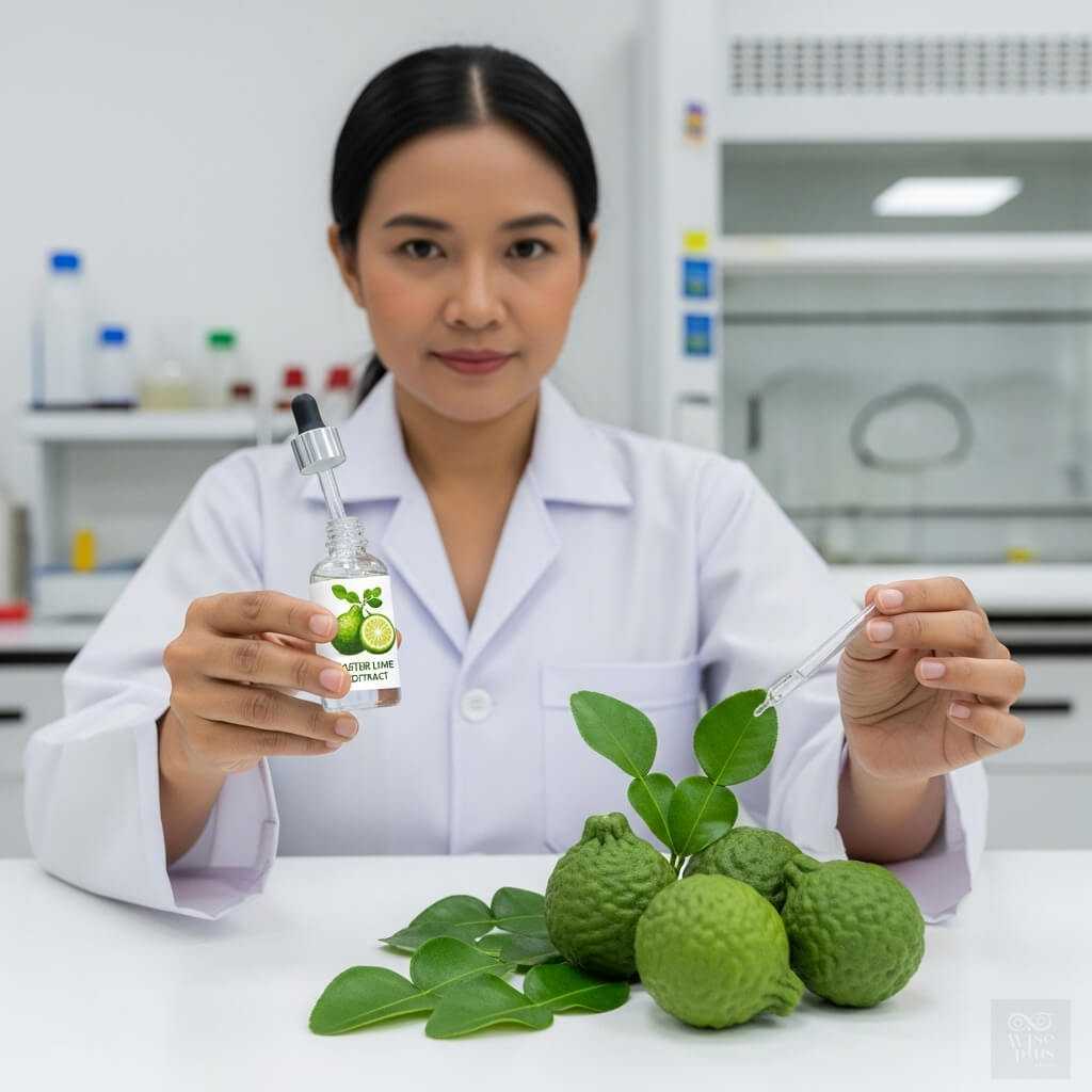 นักวิจัยสาวไทยถือขวดสารสกัดมะกรูด