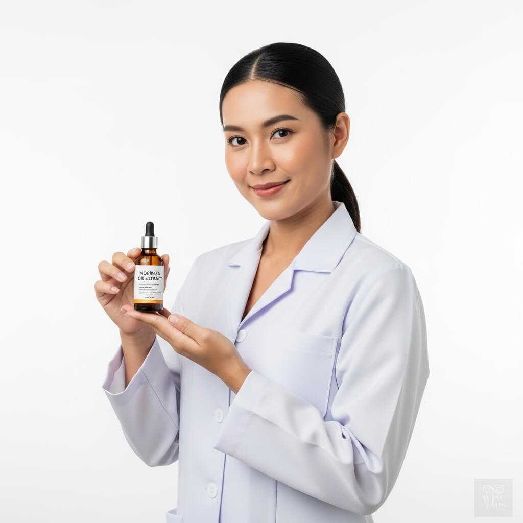 นักวิจัยสาวไทยถือขวดเซรั่มสารสกัดน้ำมันมะรุม