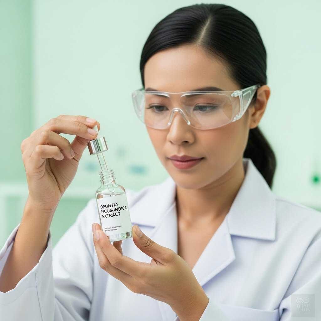 นักวิจัยสาวไทยถือขวดสารสกัดกระบองเพชร Opuntia Ficus-Indica Extract