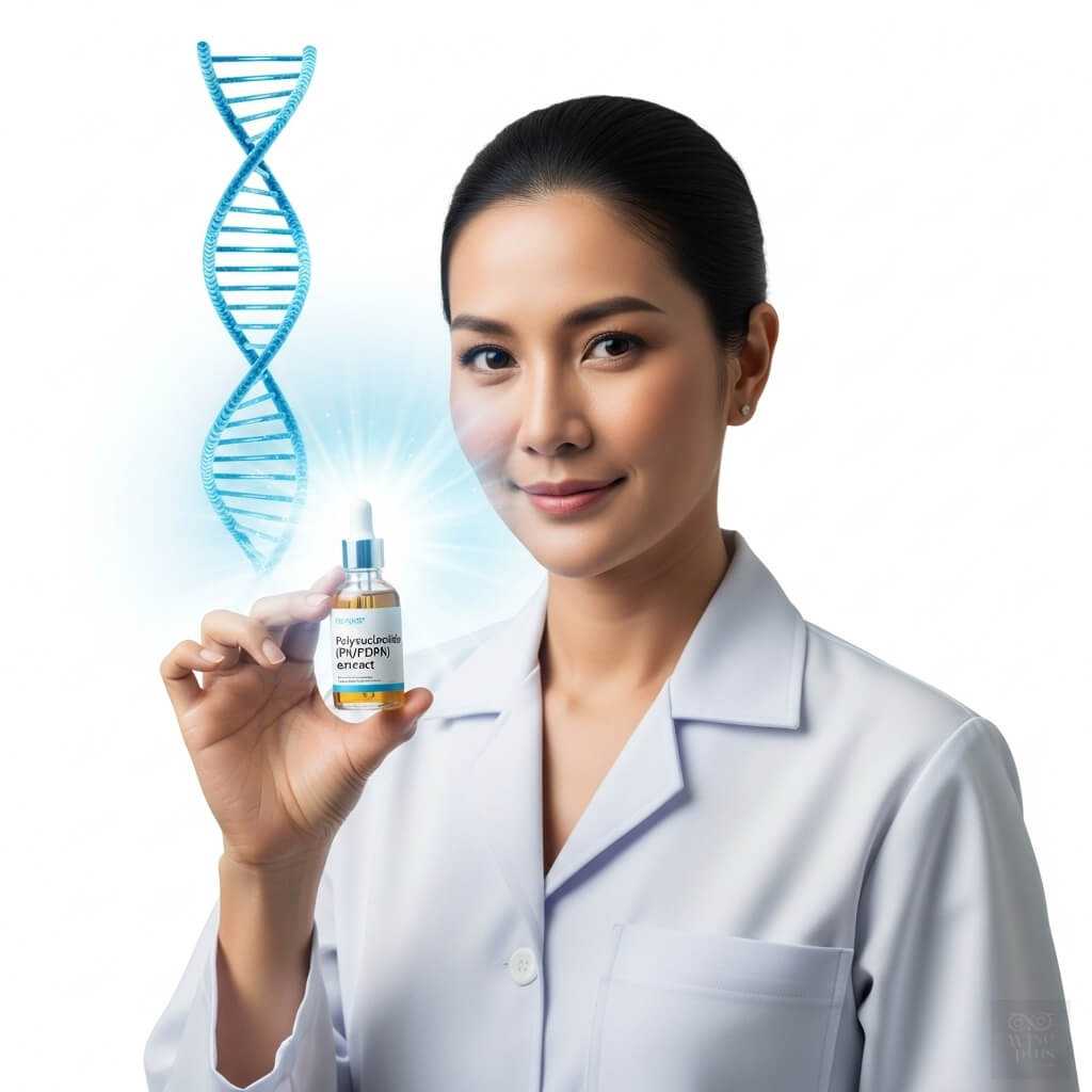 นักวิจัยสาวไทยถือขวดสารสกัดโพลีนิวคลีโอไทด์