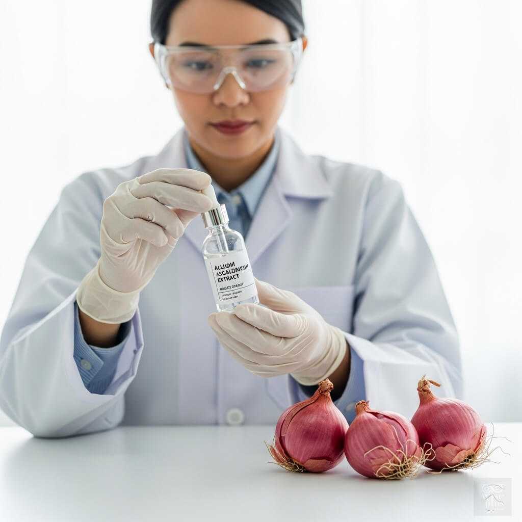 นักวิจัยสาวไทยถือขวดสารสกัดหัวหอมแดง