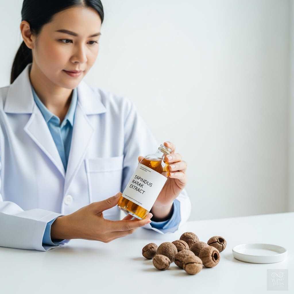 นักวิจัยสาวไทยถือขวดสารสกัดมะคำดีควาย