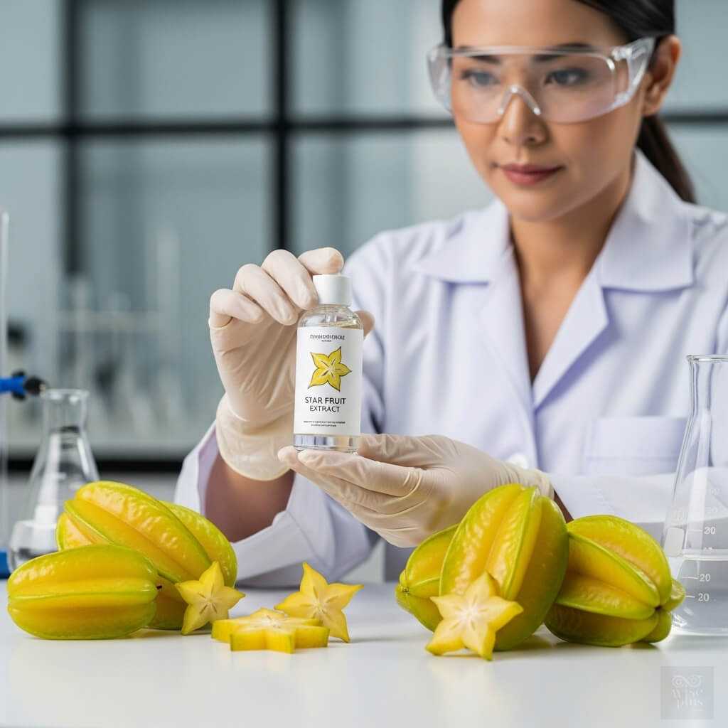 นักวิจัยสาวไทยถือขวดสารสกัดมะเฟืองในห้องแล็บ