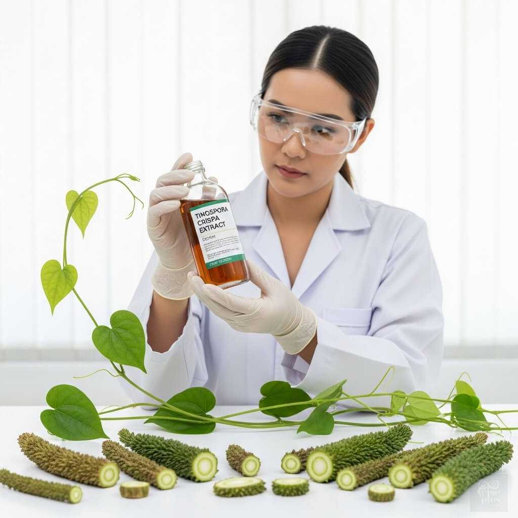 นักวิจัยสาวไทยถือขวดสารสกัดบอระเพ็ด