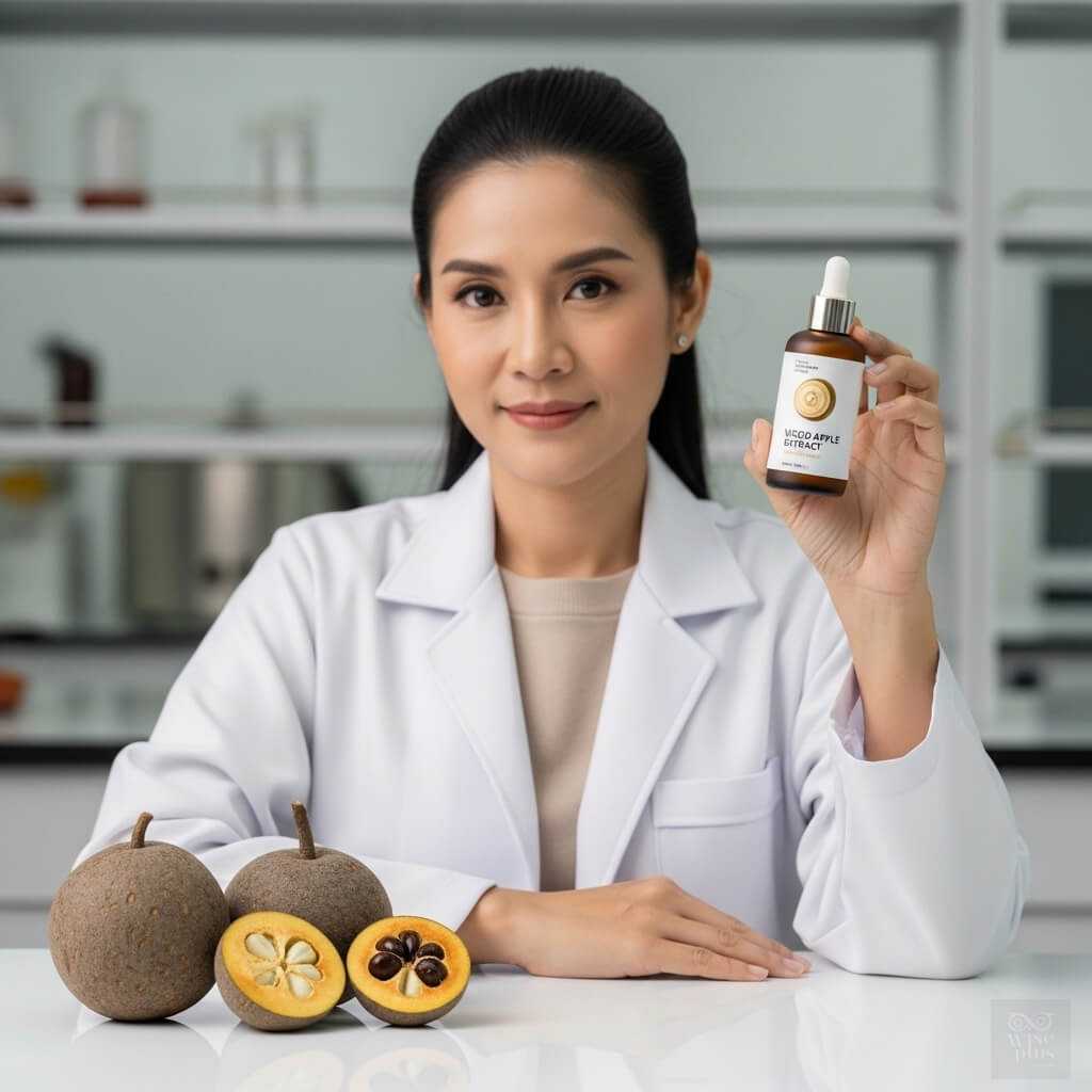 นักวิจัยสาวไทยถือขวดสารสกัดมะตูมไม้ในห้องแล็บ