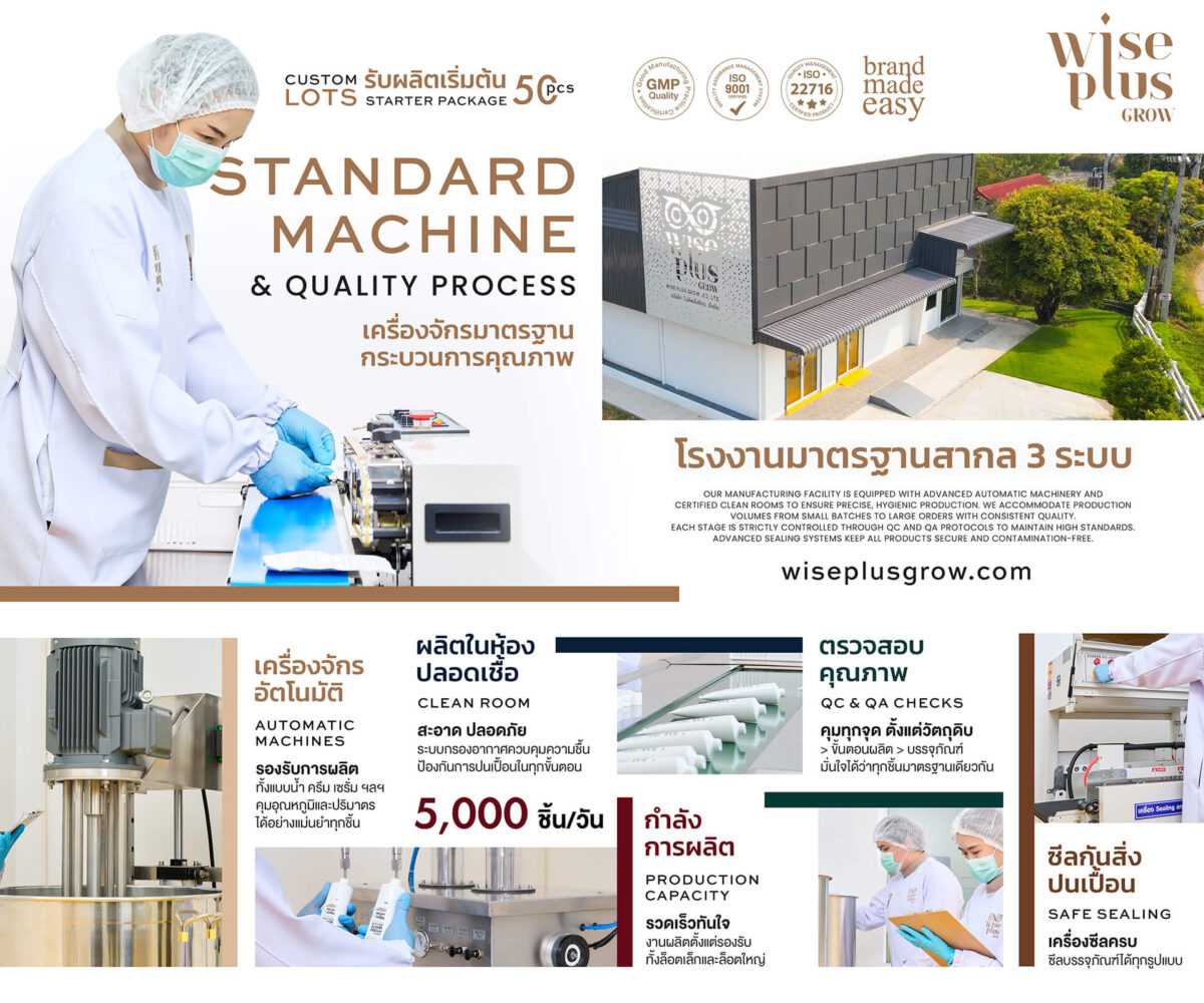 เครื่องจักรมาตรฐาน กระบวนการผลิตสกินแคร์ รับผลิตสกินแคร์ โรงงานมาตรฐาน GMP ISO Wise Plus Grow
