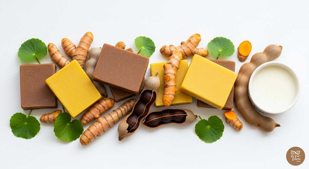 ส่วนผสมสมุนไพรขมิ้น มะขาม ใบบัวบก น้ำนมข้าว ในสบู่สมุนไพร