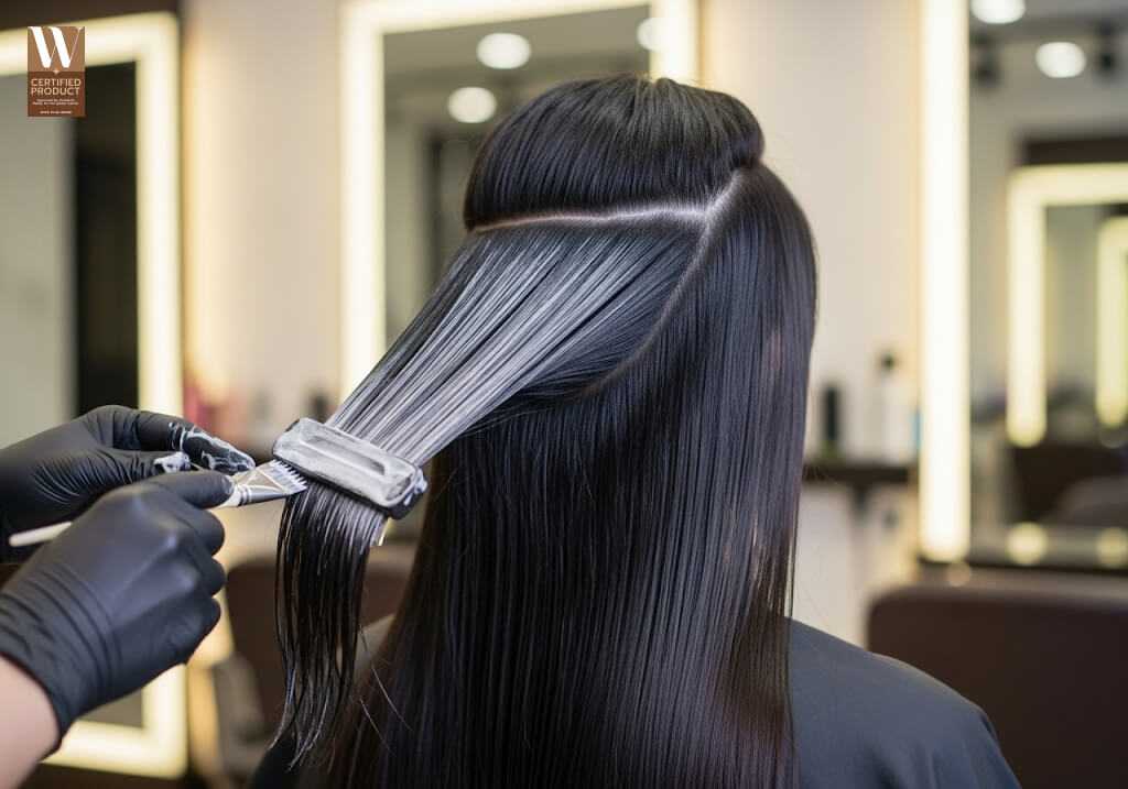 ขั้นตอนการทำเคราตินผมตรงด้วยการทาผลิตภัณฑ์ลงบนเส้นผม