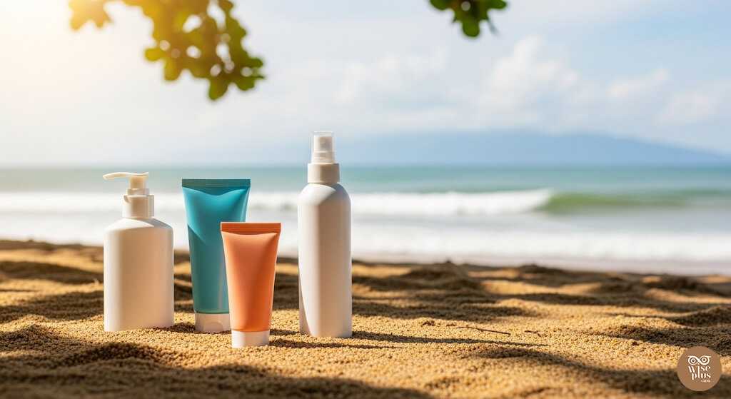 ครีมกันแดดหลายแบบวางบนพื้นทรายริมทะเล