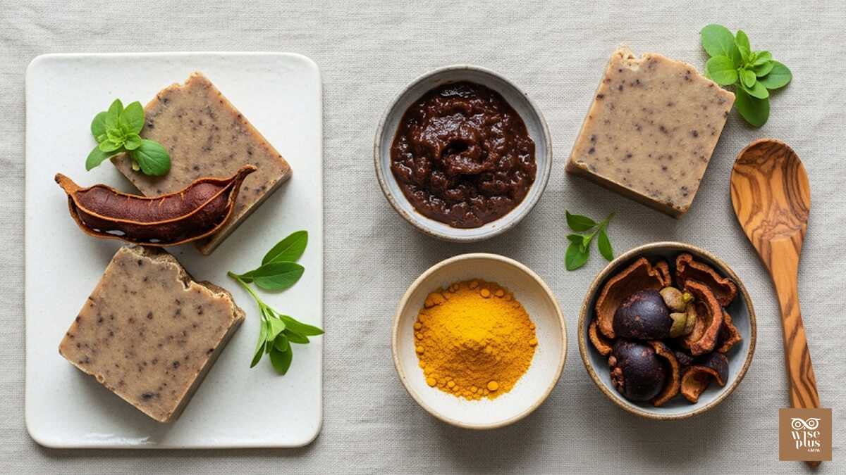 ส่วนผสมสบู่สมุนไพรไทยมะขามขมิ้นมังคุดแบบแฟลตเลย์