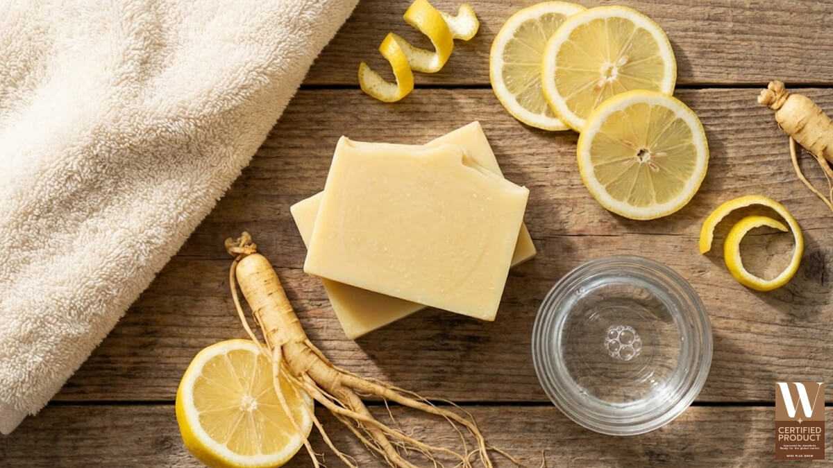 ส่วนผสมโสมและมะนาวในสบู่โสมมะนาววางบนโต๊ะไม้โทนธรรมชาติ