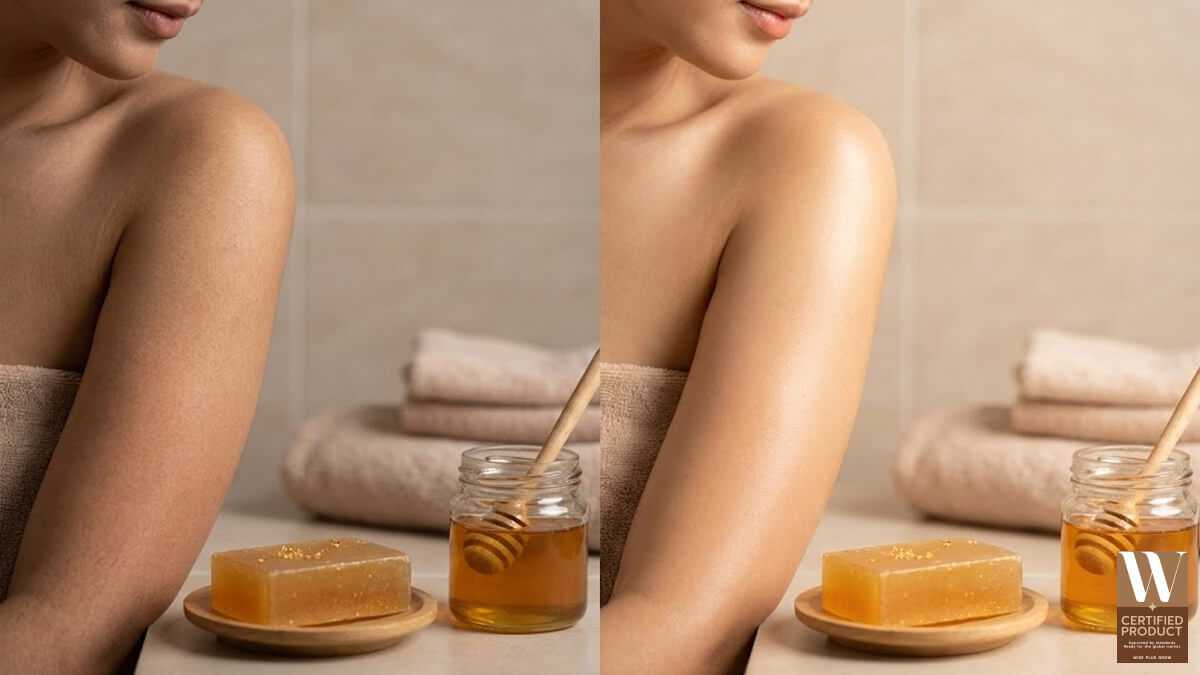 เปรียบเทียบผิวแห้งหมองกับผิวโกลว์หลังใช้สบู่น้ำผึ้งทองคำ