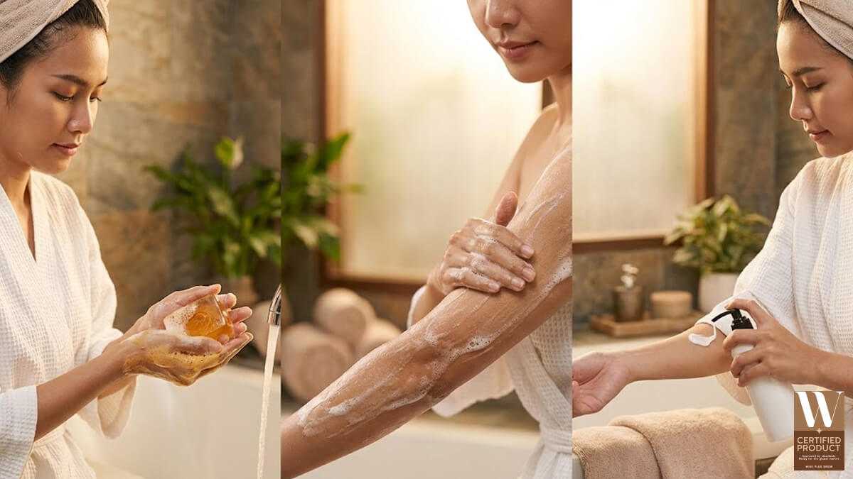 ลำดับการใช้สบู่น้ำผึ้งทองคำและทาโลชั่นเพื่อให้ผิวโกลว์ชุ่มชื้น