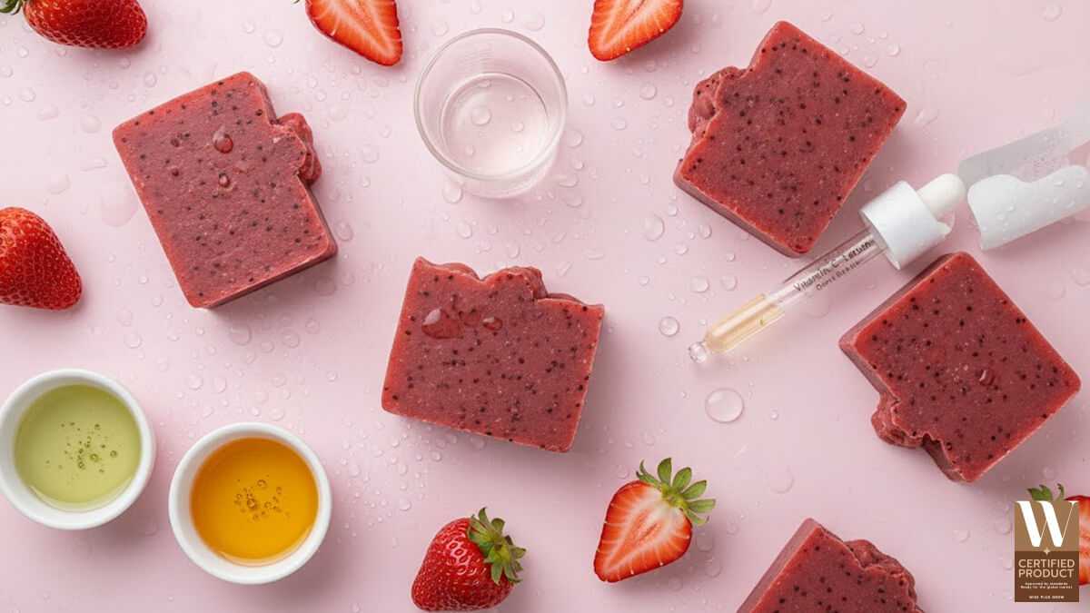 ส่วนผสมสบู่สตอรว์เบอรี่แดงพร้อมสารบำรุงผิวและสารต้านอนุมูลอิสระ