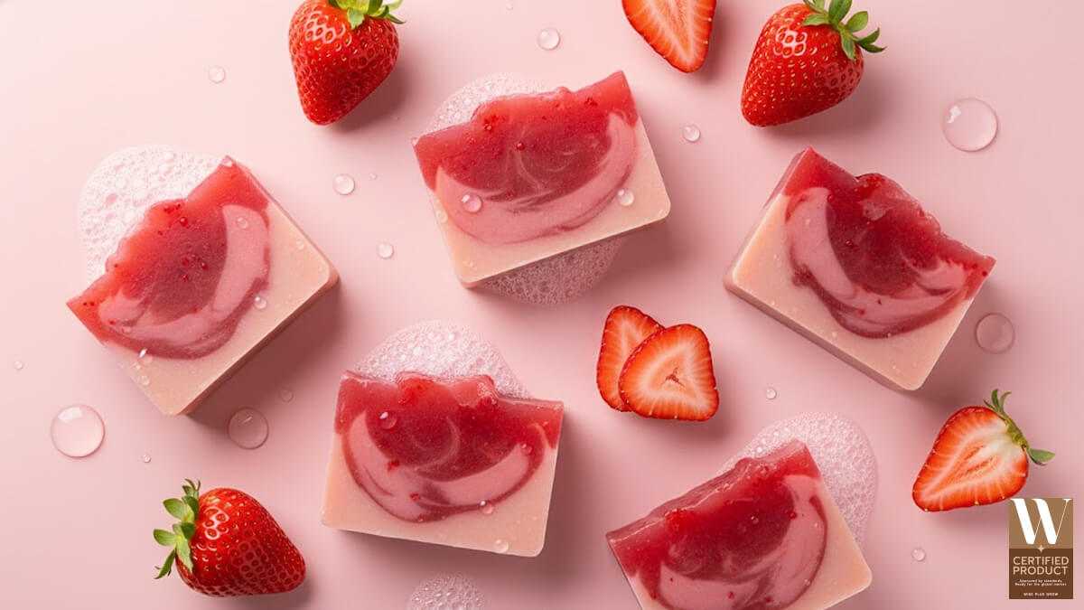ก้อนสบู่สตอรว์เบอรี่แดงโทนสีชมพูแดงพร้อมผลสตรอว์เบอร์รี่สด
