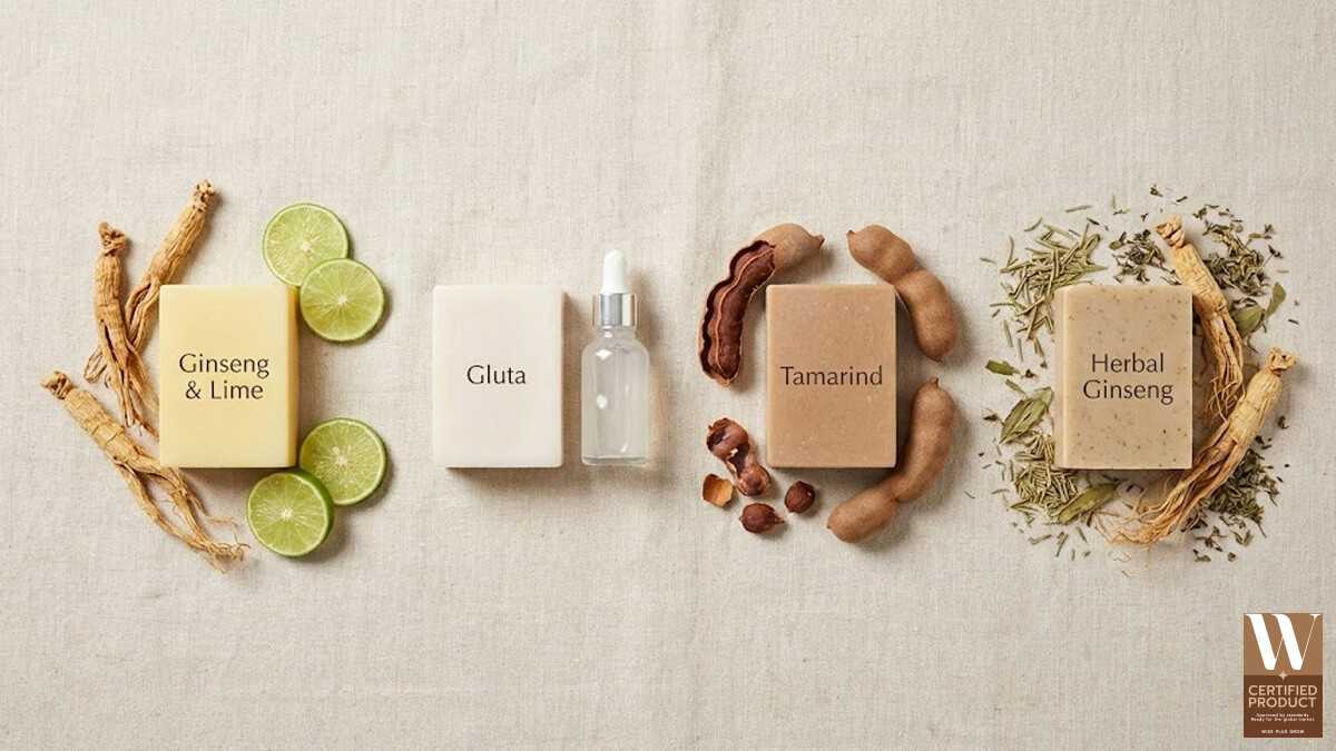 เปรียบเทียบสบู่โสมมะนาวกับสบู่กลูต้า สบู่มะขาม และสบู่โสมสูตรอื่นบนพื้นหลังเดียวกัน