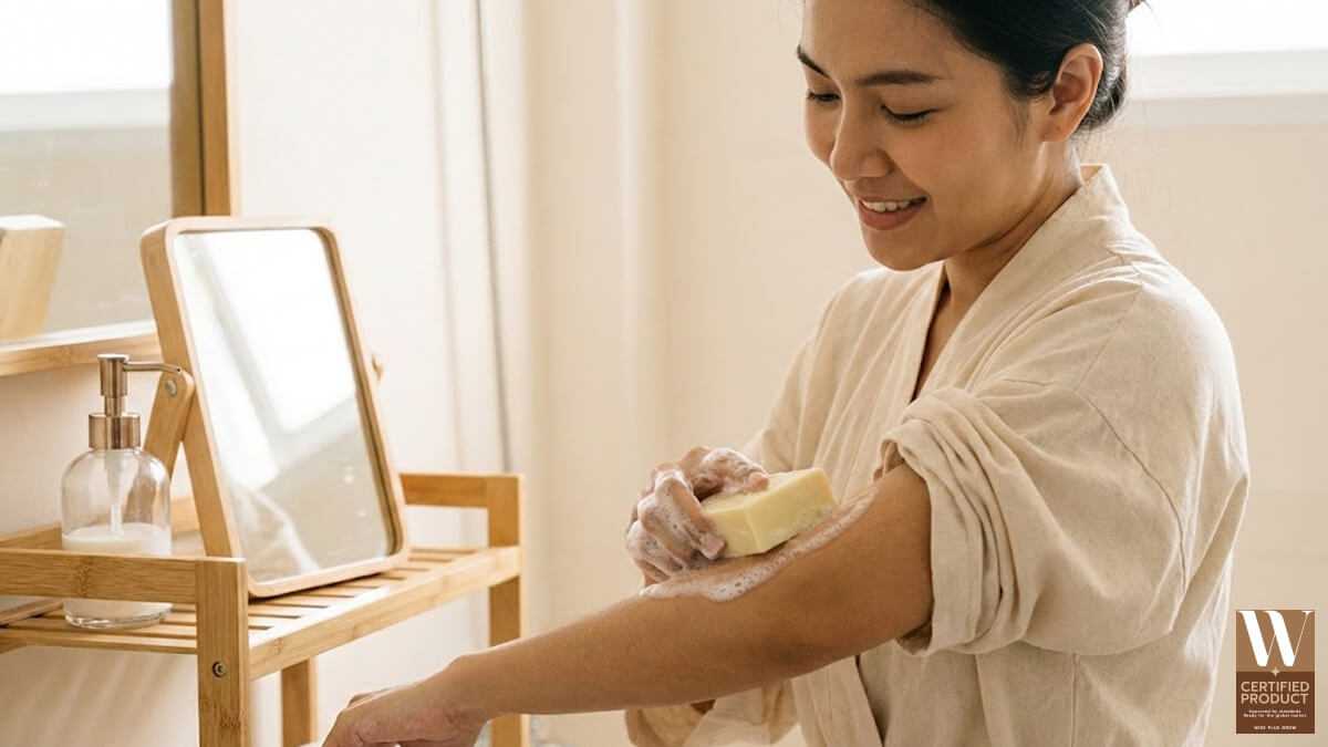 ทดสอบสบู่โสมมะนาวบนข้อพับแขนเพื่อดูความอ่อนโยนของผิว