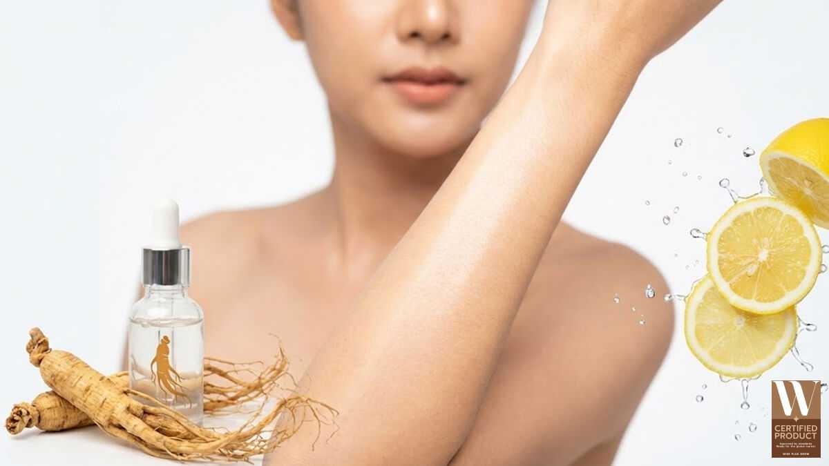 ผิวแขนผู้หญิงชาวไทยกระจ่างใสคู่กับรากโสมและมะนาวสื่อประโยชน์สบู่โสมมะนาว