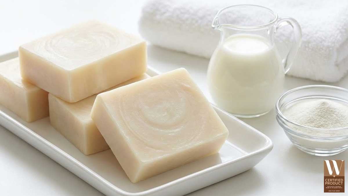 เนื้อสบู่คอลลาเจนนมแพะสีขาวครีมเนียนละเอียด
