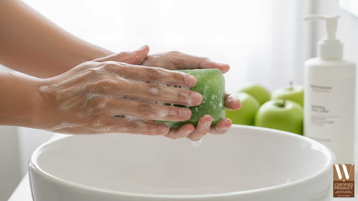 การใช้สบู่แอปเปิ้ลกลูต้าอย่างอ่อนโยนพร้อมฟองนุ่มบนผิวกาย