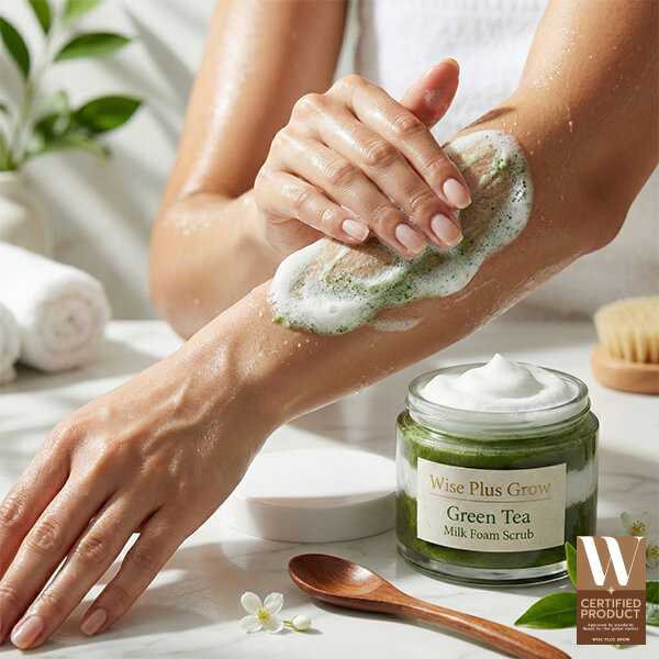 ส่วนผสมชาเขียวและนมใน Green Tea Milk Foam Scrub