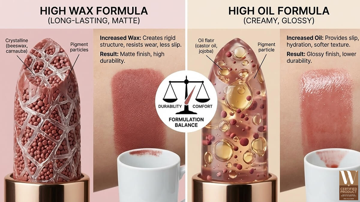 สัดส่วนของแว็กซ์ในสูตรลิปสติกที่มีผลต่อความติดทนและโครงสร้างของเนื้อลิป