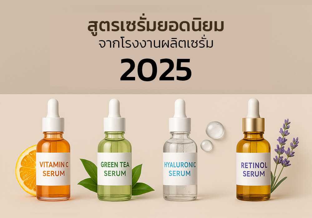 สูตรเซรั่มยอดนิยมจากโรงงานผลิตเซรั่ม WISE PLUS GROW ปี 2025 รวม 4 สูตร ได้แก่ Vitamin C, Green Tea, Hyaluronic, และ Retinol