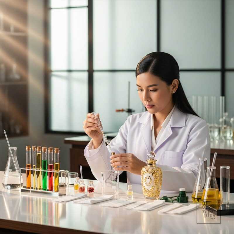 นักวิจัยหญิงไทยในห้องทดลองน้ำหอมสูตรหอมพรีเมียมสำหรับน้ำยาซักผ้า