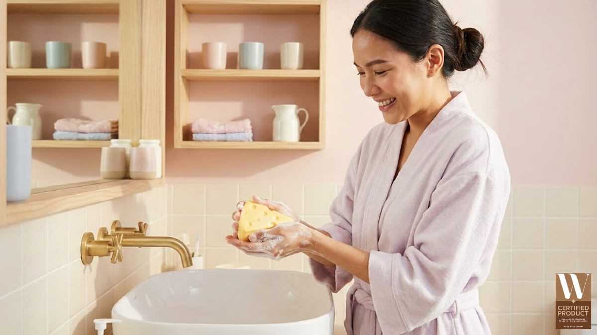 สบู่ชีสก้อนดีไซน์เหมือนชิ้นชีสในห้องน้ำโทนมินิมอล