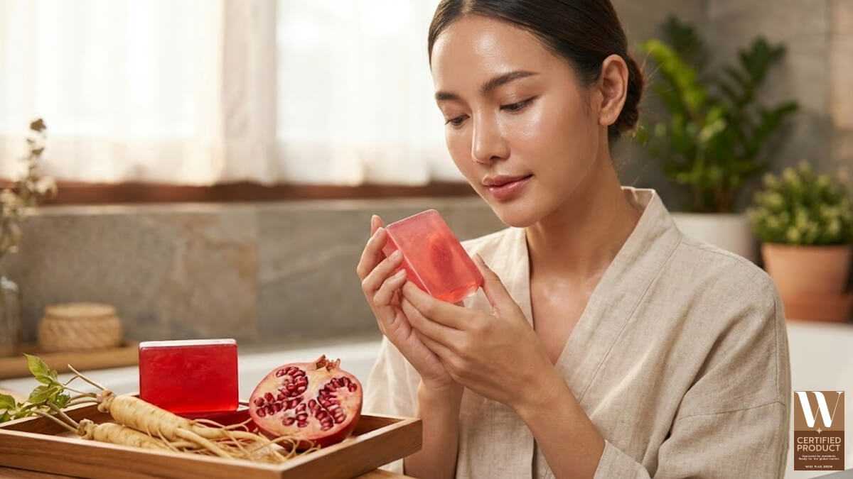 สบู่โสมกลูต้าทับทิมสำหรับฟื้นฟูผิวหมองแดดให้ดูกระจ่างใสชุ่มชื้น