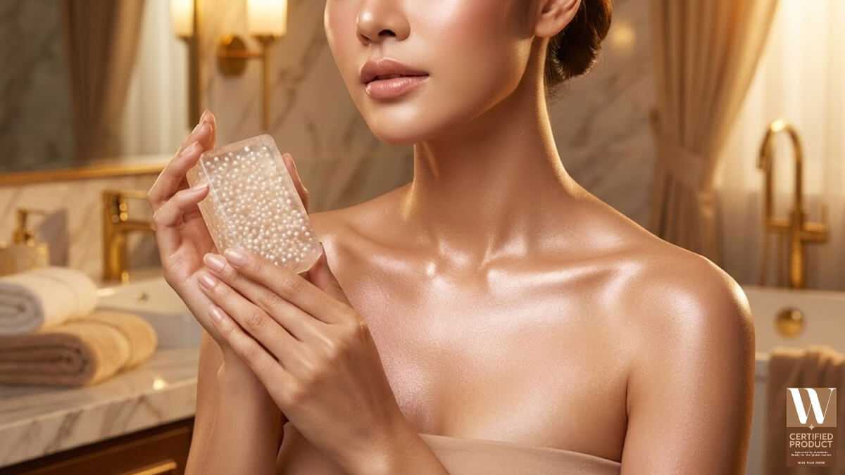 สบู่ไข่มุกทองคำสำหรับผิวโกลว์ใสโทนชมพูทอง