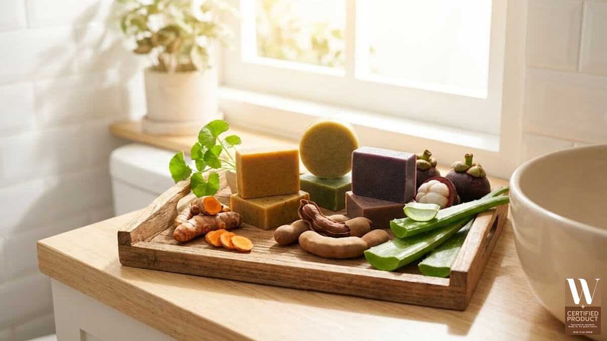 สบู่สมุนไพรไทยพร้อมสมุนไพรขมิ้นมะขามว่านหางจระเข้มังคุด