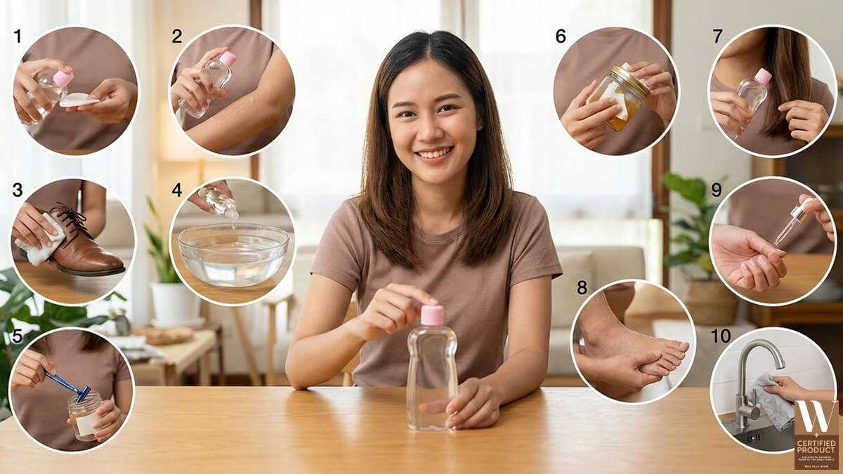 การใช้งานเบบี้ออยล์ในชีวิตประจำวันหลายรูปแบบสำหรับดูแลผิว เส้นผม และผิวกาย