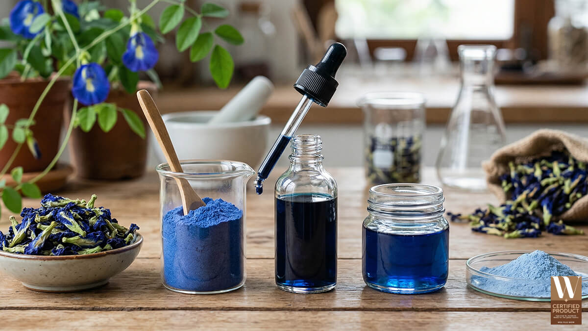 รูปแบบสารสกัดอัญชันชนิดน้ำและผงตามลักษณะสูตรผลิตภัณฑ์